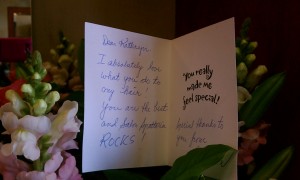 Client's thank-you card to Kathryn Paradise, owner of Salon Spatoria in Victoria, Minn.