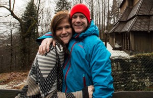 Madeline and Krister in front of a Norwegian stave church on Madeline's first visit to Norway, February 2015