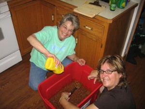Diane and I making a bean concoction for Sam's grad party | https://juliesaffrin.com