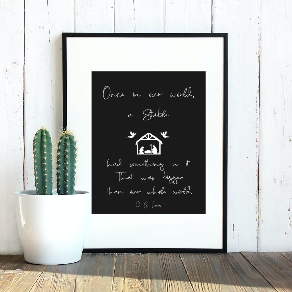 C. S. Lewis quote in black frame with cactus