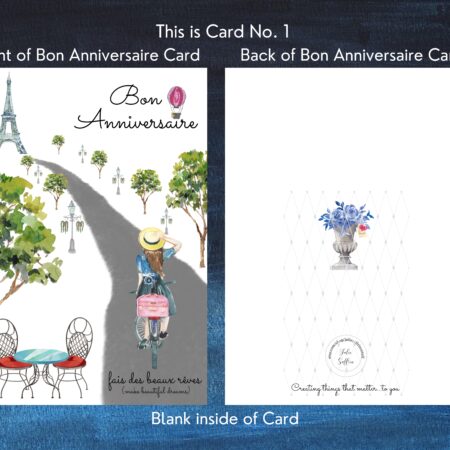 French Bon Anniversaire Girl on Bike to Eiffel Tower Cards