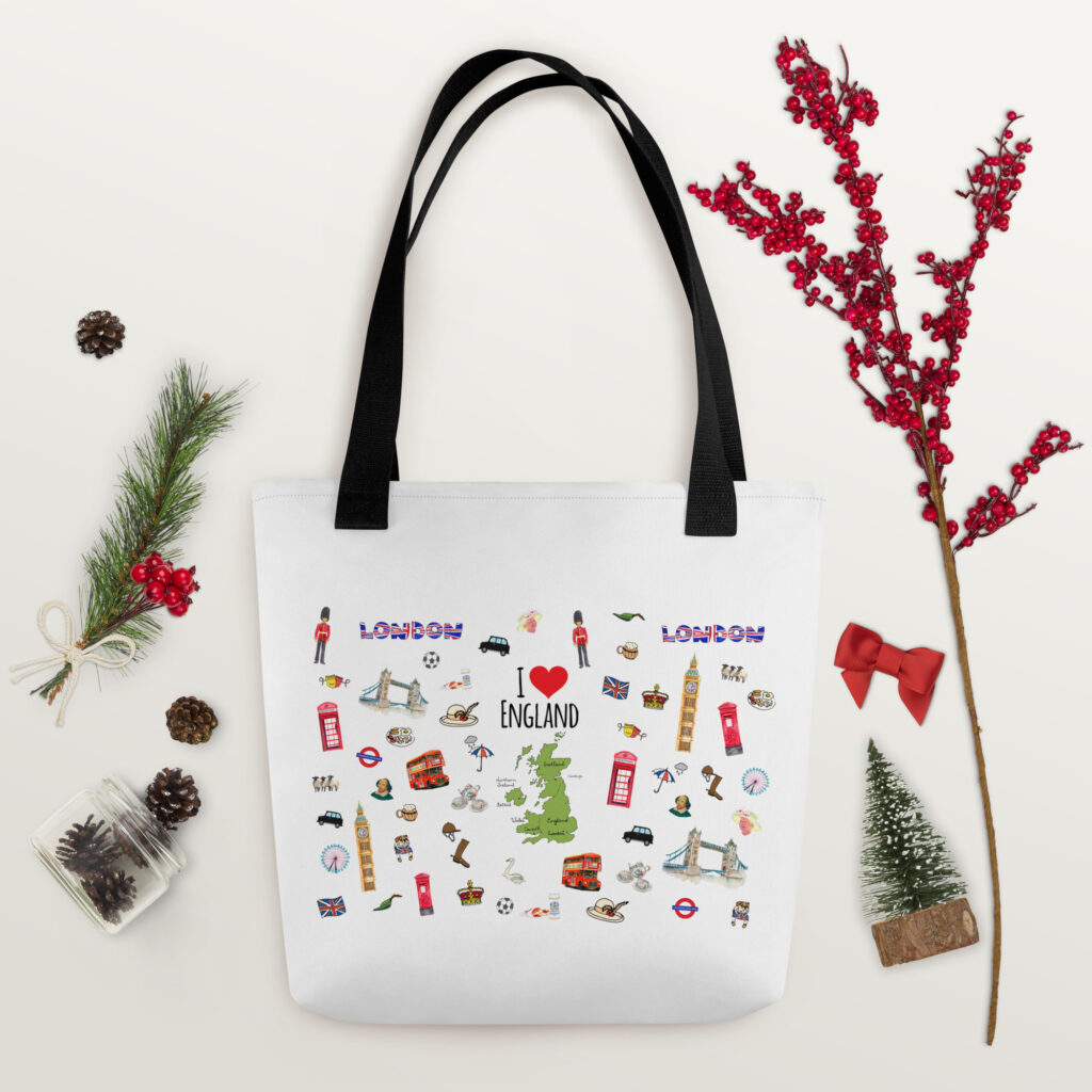 British Tote Bag of woman holding bag with Black Handles