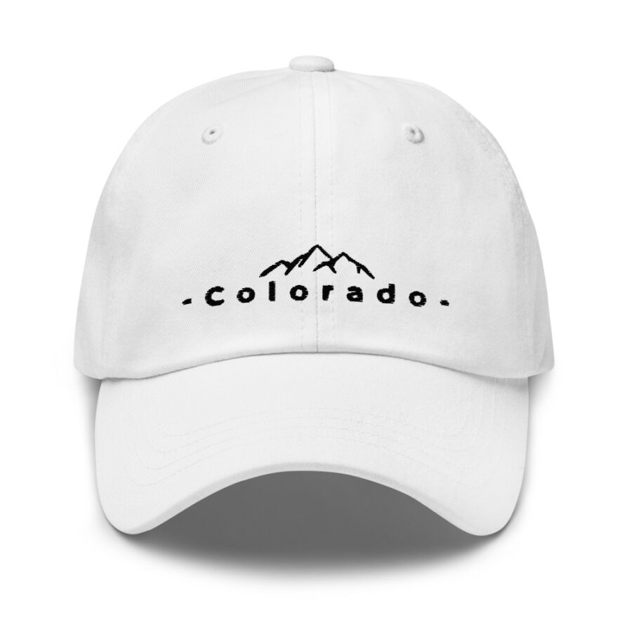 White Colorado Hat with Rockie Mountains in Black Silhouette