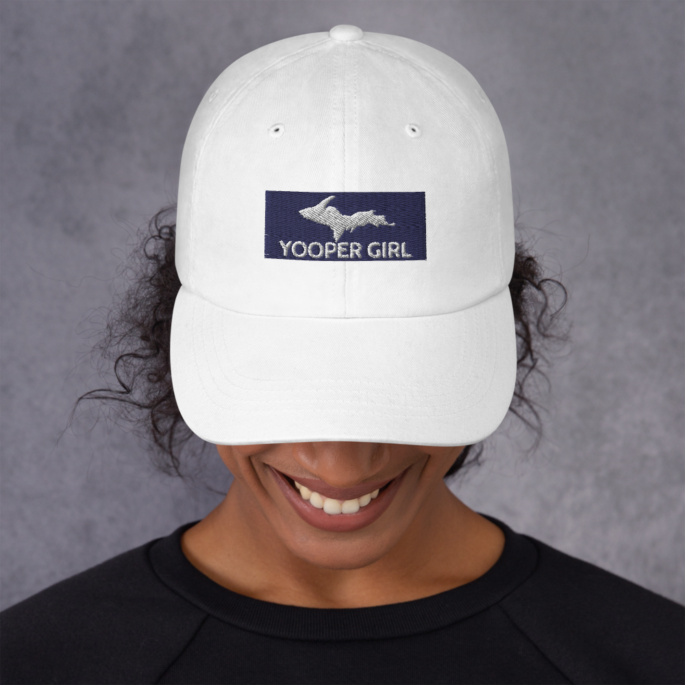 Yooper Girl Hat in white with female model head pointing down