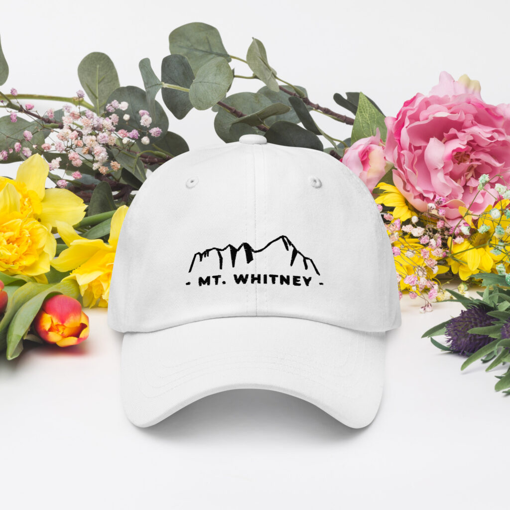 Mt Whitney White Hat with Black letters and mountain