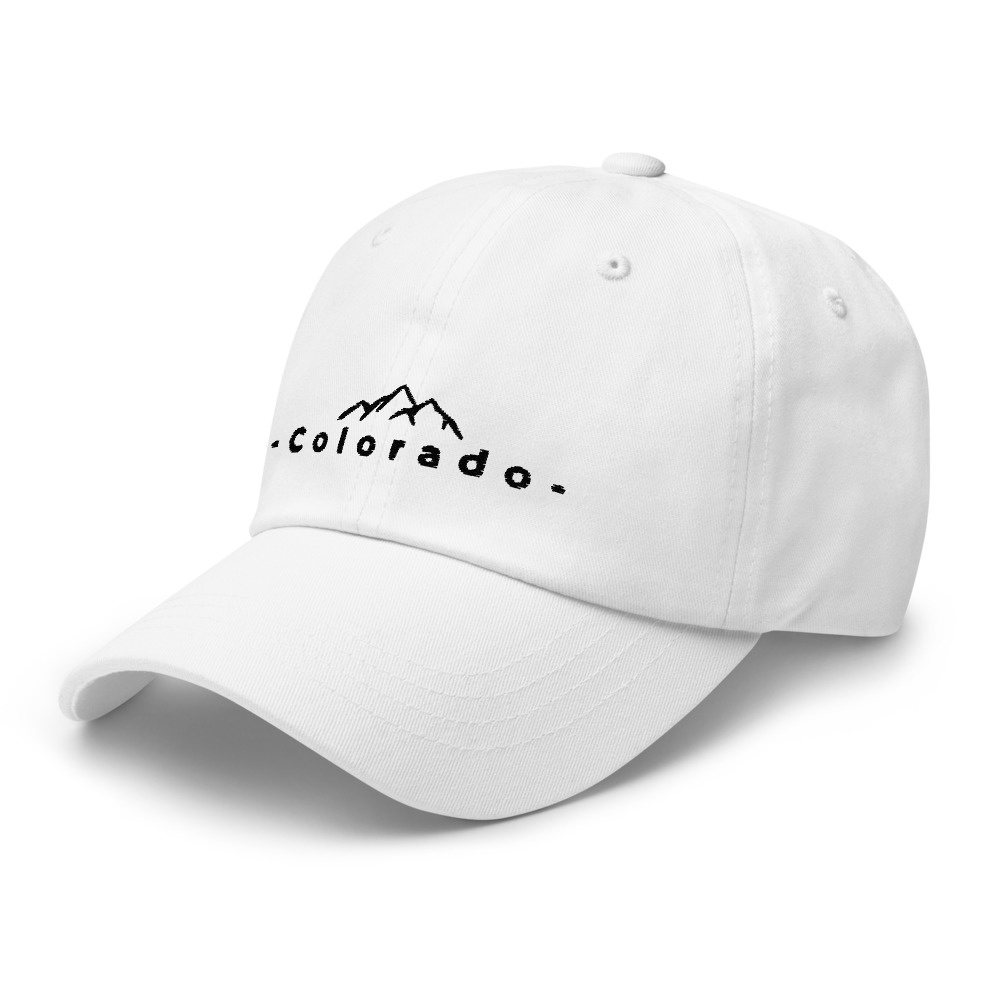 Colorado hat in White with Black letters and Rockie Mountain Silhouette