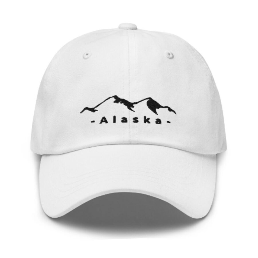 white Alaska Hat Montserrat black letters and silhouette