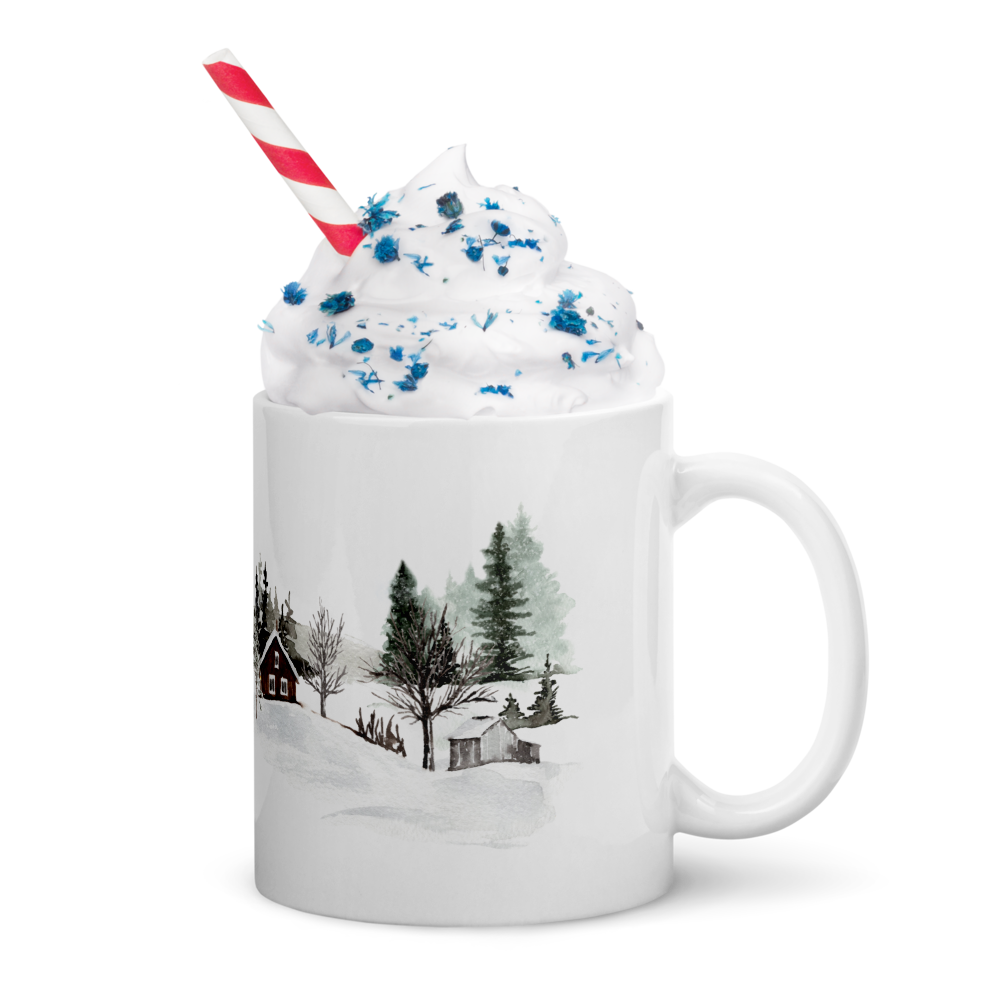 Winter wonderland mug with whipped Cream and red and white striped straw