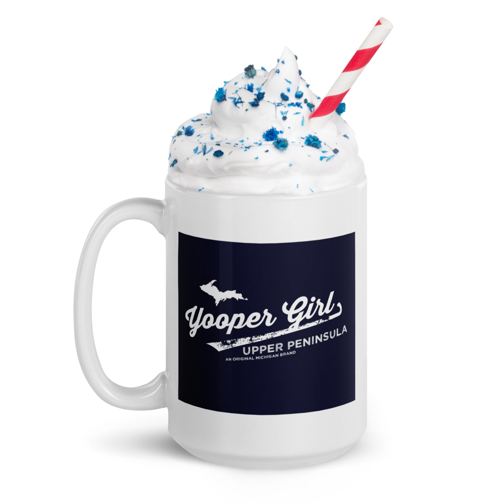 YooperGirl 15 oz mug with whipped cream and red and white straw