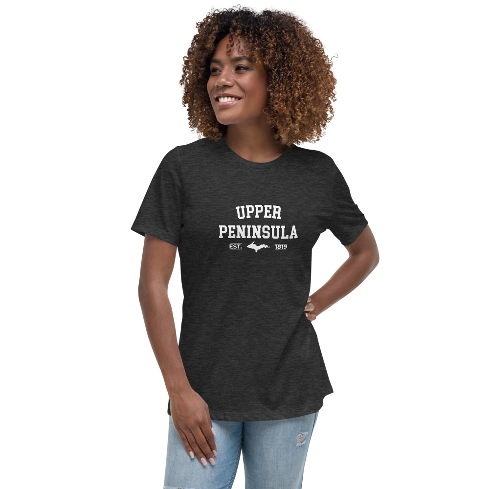 Upper Peninsula Dark Grey T-Shirt on Woman Model