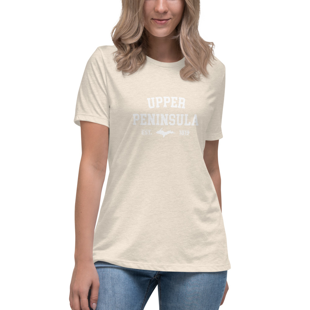 Upper Peninsula T-Shirt in Heathe Prism Natural on Woman Model