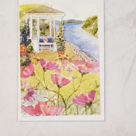 Swedish Gazebo and flowers by the Sea Card | Free Shipping | All-Occasion Die-Cut card, Scandinavian, Watercolor Art, Mother’s Day, Birthday Card, Svierge