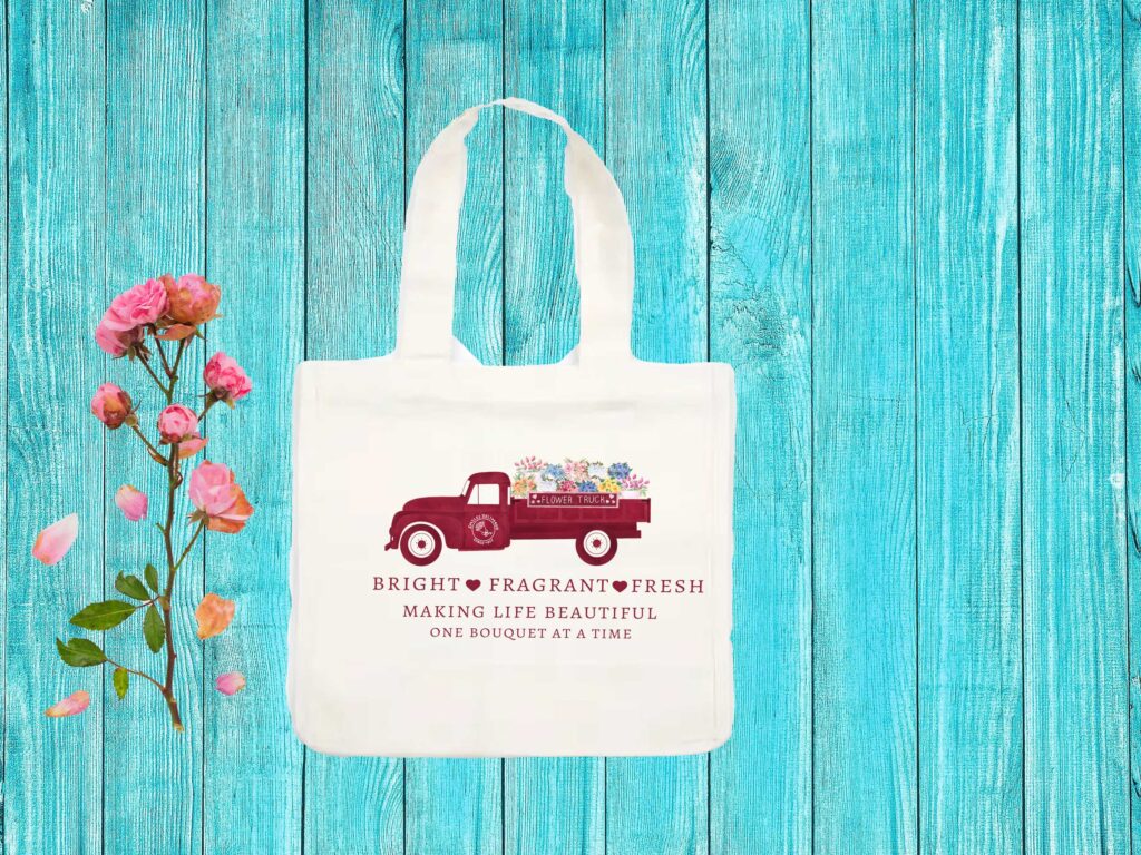 Flower Truck Tote on Turquoise Background with rose 