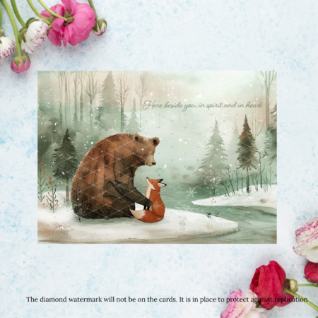 bear and fox woodland greeting card featuring two animal friends in a snowy winter forest